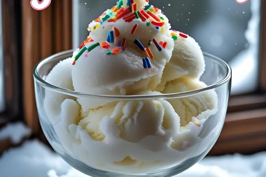 A beautiful bowl of freshly made snow cream topped with colorful rainbow sprinkles, with a snowy winter scene visible outside the window.
