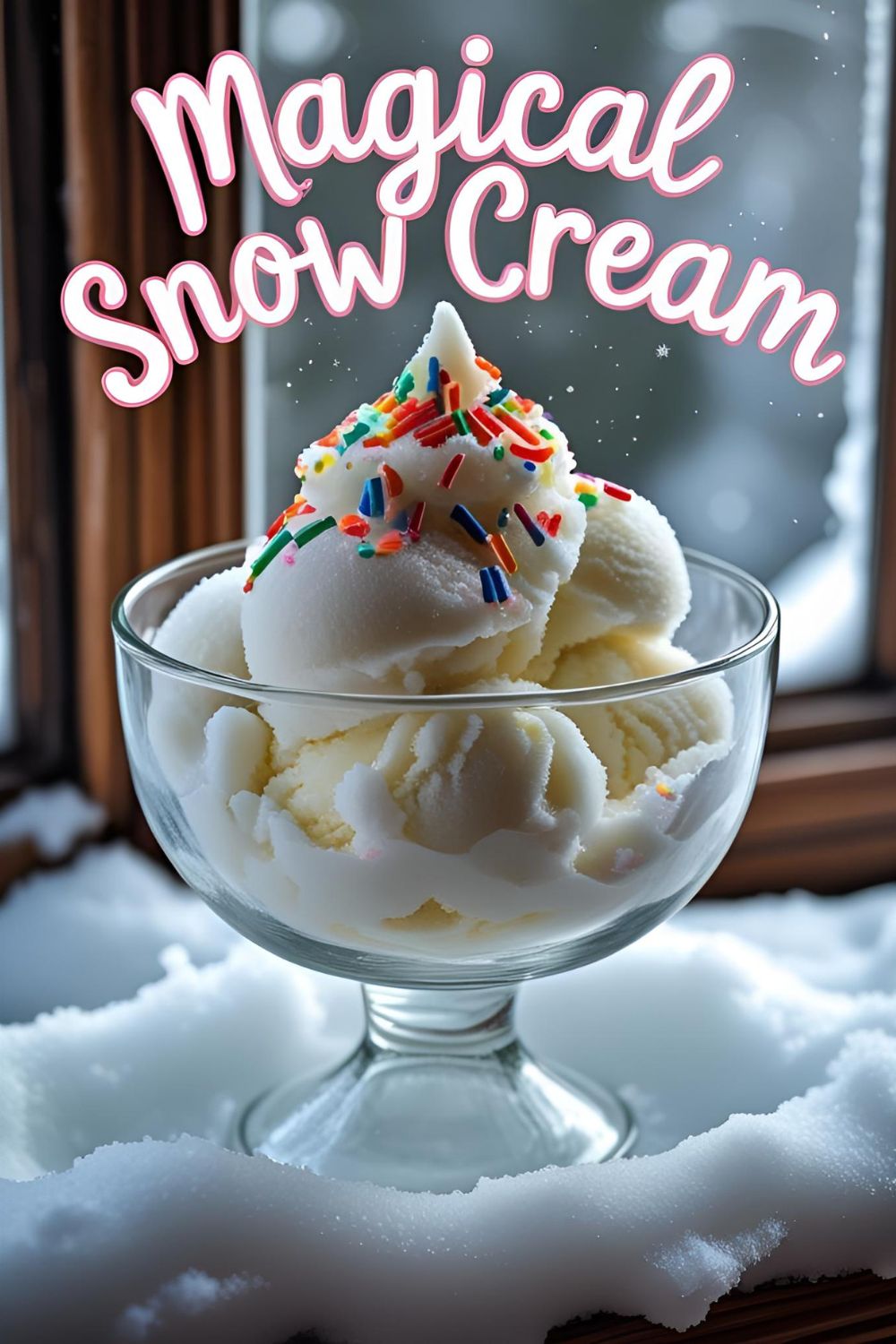 A beautiful bowl of freshly made snow cream topped with colorful rainbow sprinkles, with a snowy winter scene visible outside the window.