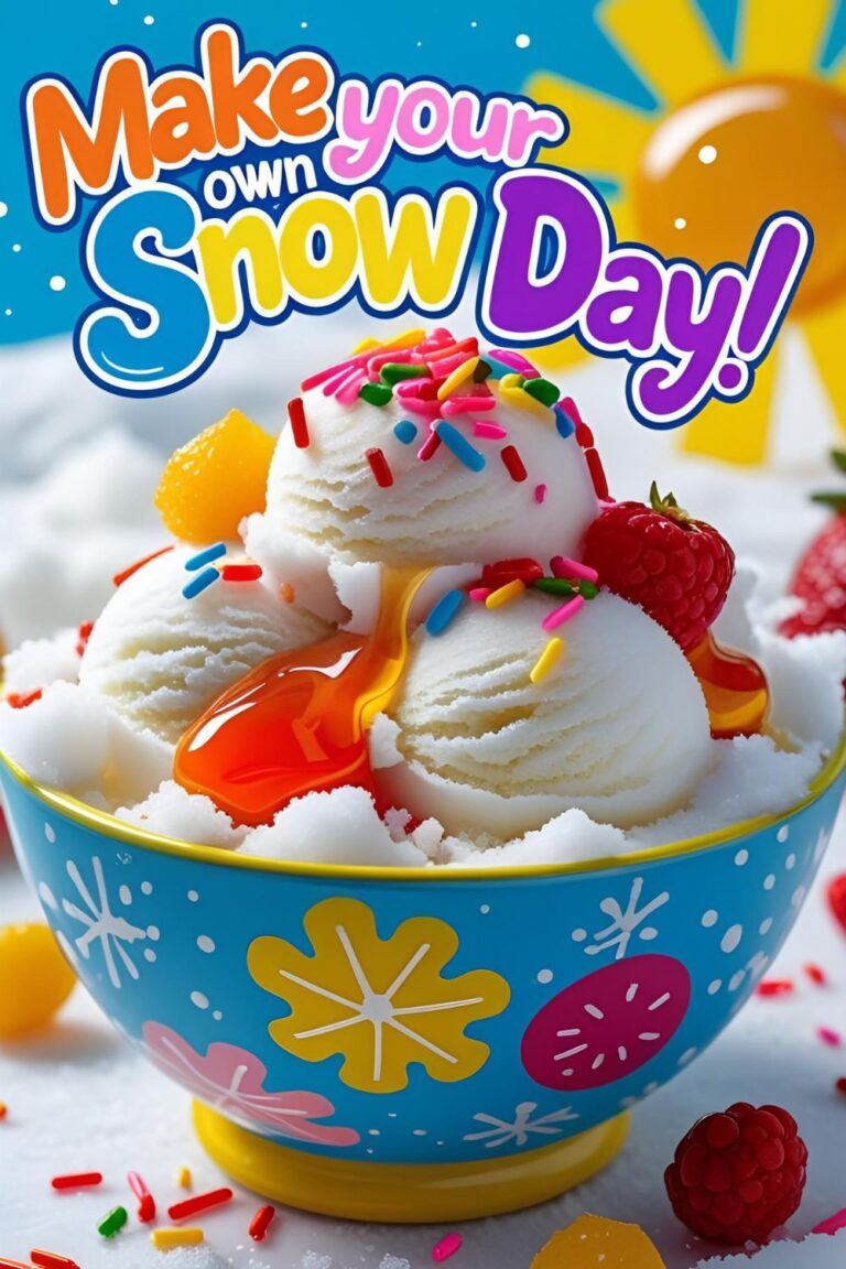 A colorful bowl of homemade edible snow cream, topped with syrups and sprinkles, demonstrating how to make snow at home.