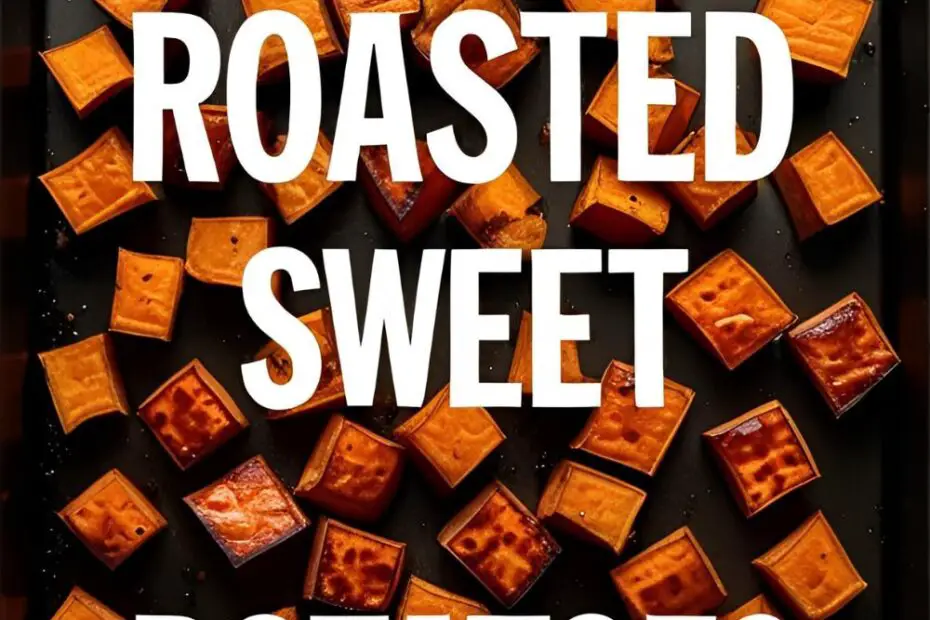 A baking sheet full of perfectly roasted, crispy, and caramelized sweet potato cubes, ready to be eaten.