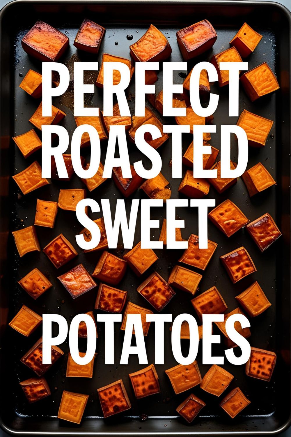 A baking sheet full of perfectly roasted, crispy, and caramelized sweet potato cubes, ready to be eaten.