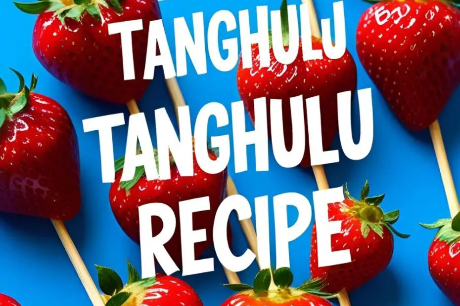 Several skewers of bright red, glossy strawberry tanghulu held up against a colorful background.
