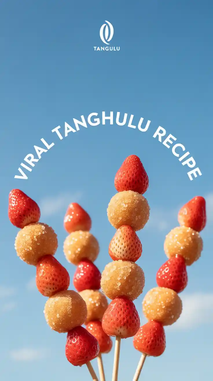 Several skewers of bright red, glossy strawberry tanghulu held up against a colorful background, representing a viral recipe.