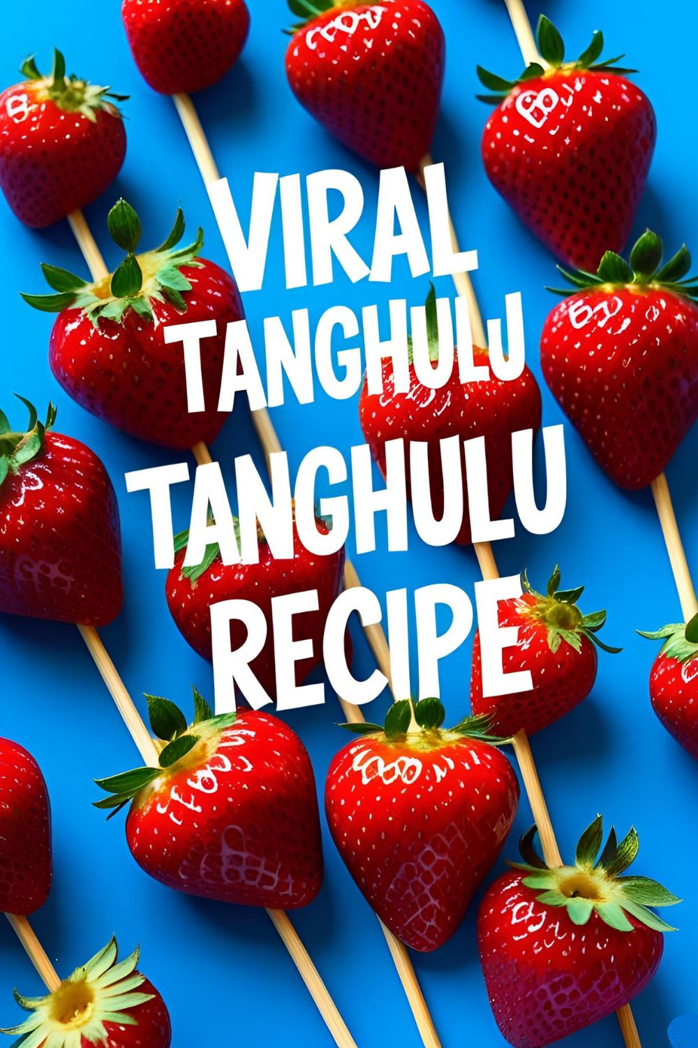 Several skewers of bright red, glossy strawberry tanghulu held up against a colorful background.