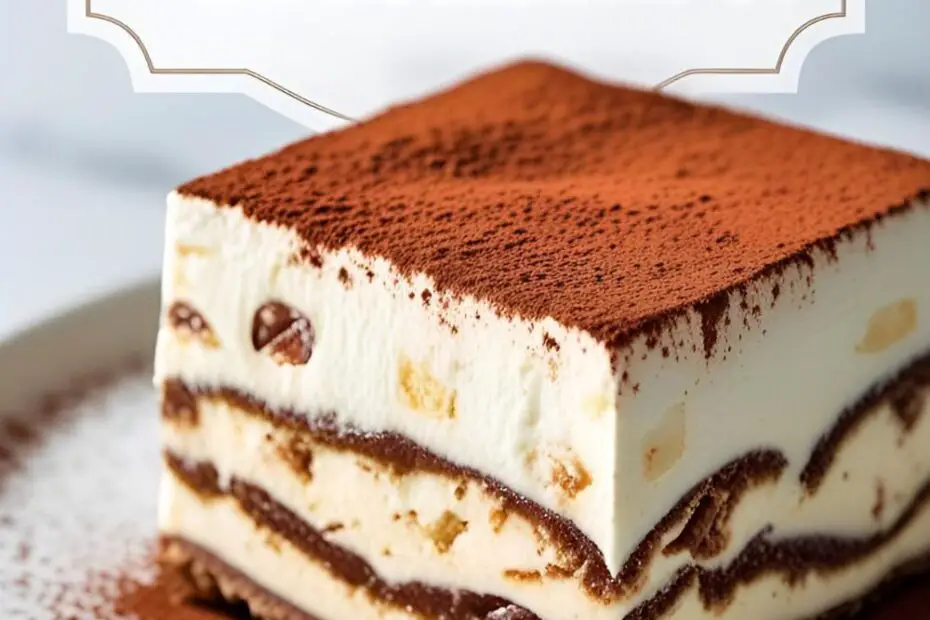 A perfect slice of homemade tiramisu on a plate, showing the distinct layers of coffee-soaked ladyfingers and creamy mascarpone.