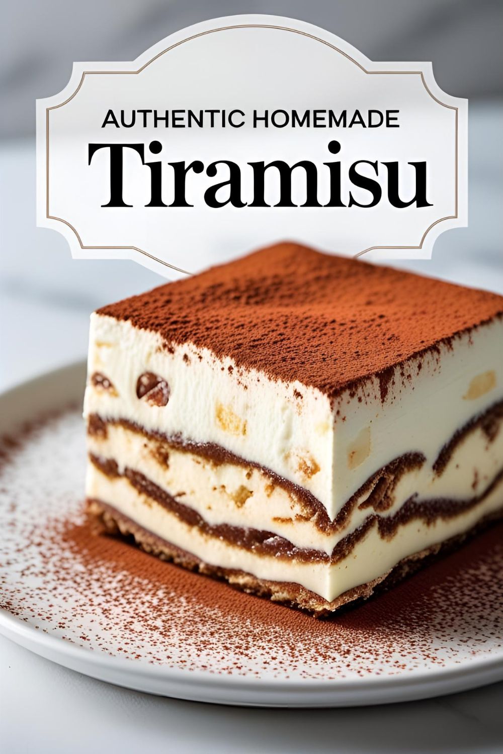 A perfect slice of homemade tiramisu on a plate, showing the distinct layers of coffee-soaked ladyfingers and creamy mascarpone.
