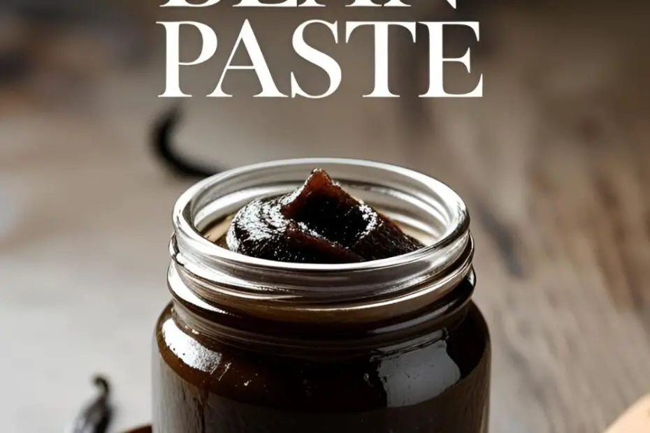 A beautiful jar of homemade vanilla bean paste with a text overlay that reads: How to Make Vanilla Bean Paste.
