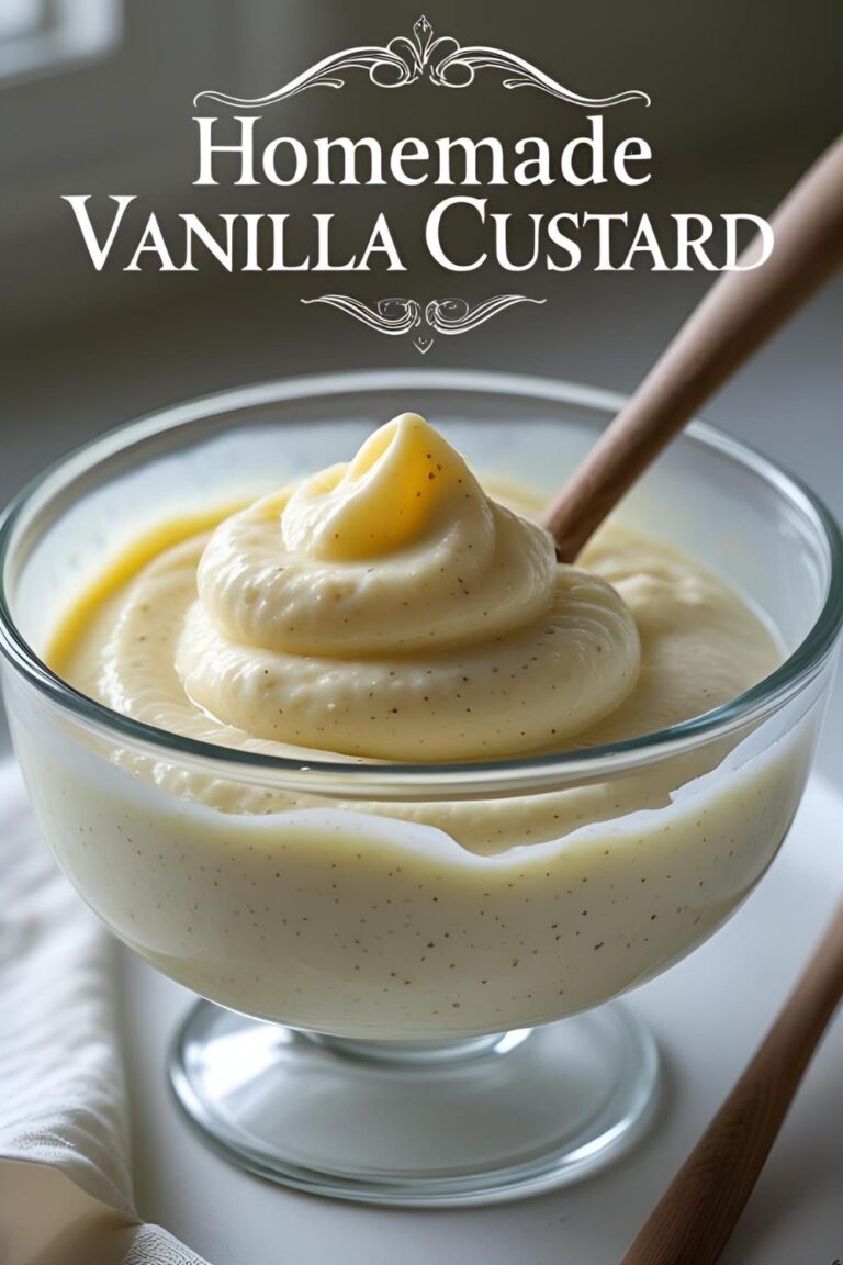 A glass bowl of creamy homemade vanilla custard, showing off the rich texture and specks of real vanilla bean.