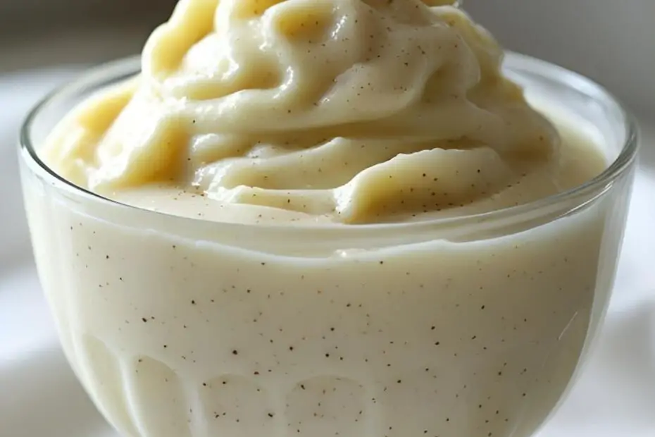 A glass bowl of creamy homemade vanilla custard, showing off the rich texture and specks of real vanilla bean.