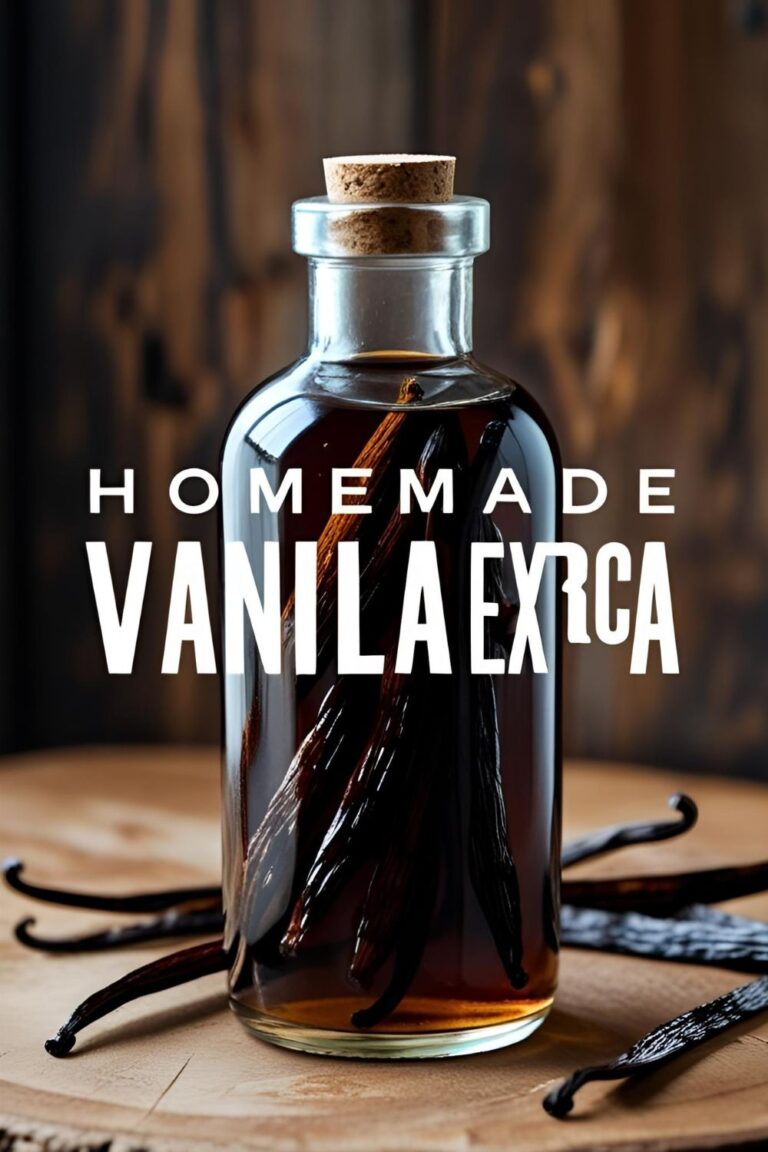 A glass bottle filled with rich, dark homemade vanilla extract, with several whole vanilla beans steeping inside.