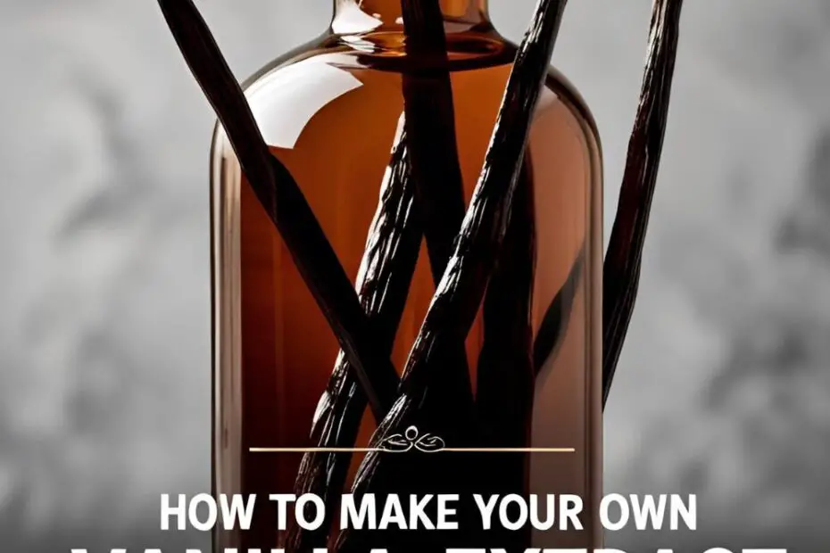A bottle of homemade vanilla extract with beans inside, with a text overlay that says "How to Make Your Own Vanilla Extract".