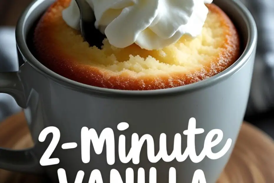 A delicious and fluffy vanilla mug cake in a white mug, topped with whipped cream and sprinkles.