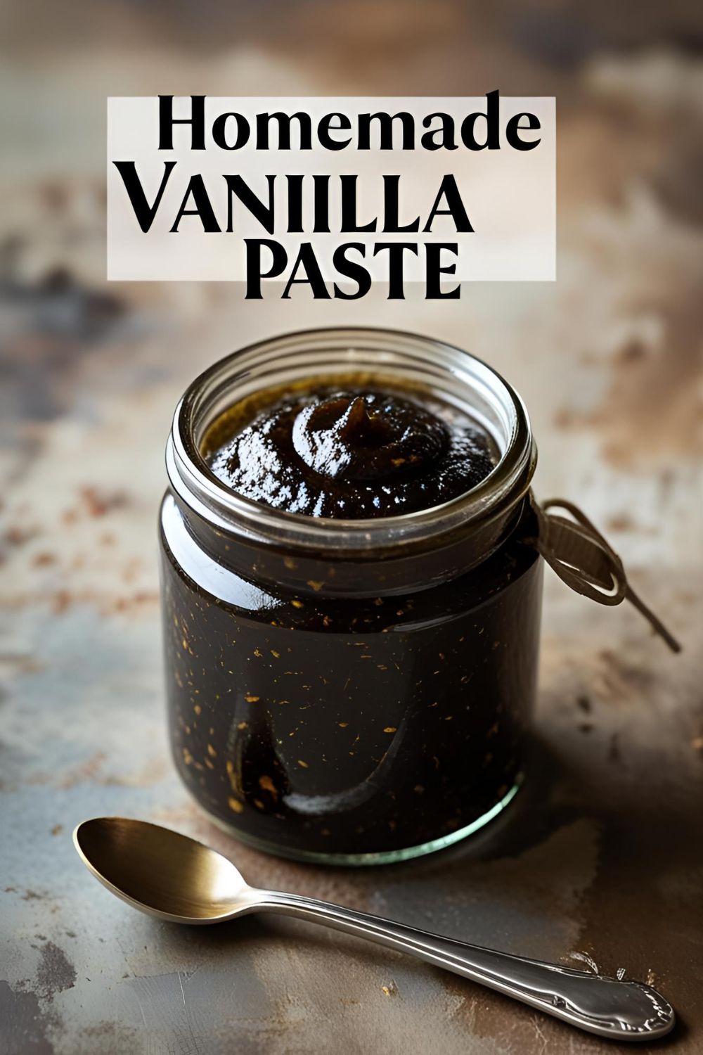A small glass jar filled with rich, dark homemade vanilla paste, showing off the dense vanilla specks.