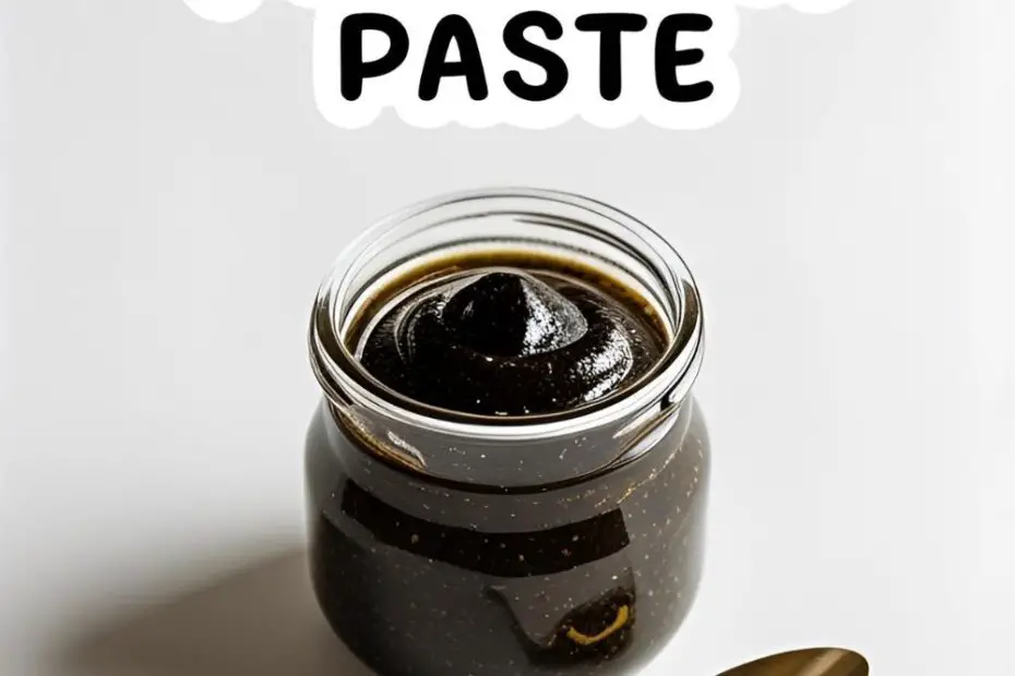 A glass jar filled with homemade vanilla bean paste, showing off the rich color and vanilla specks