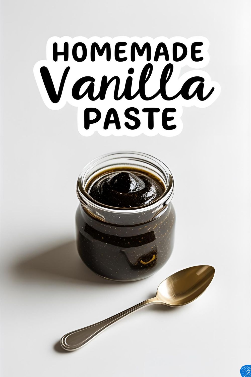 A glass jar filled with homemade vanilla bean paste, showing off the rich color and vanilla specks