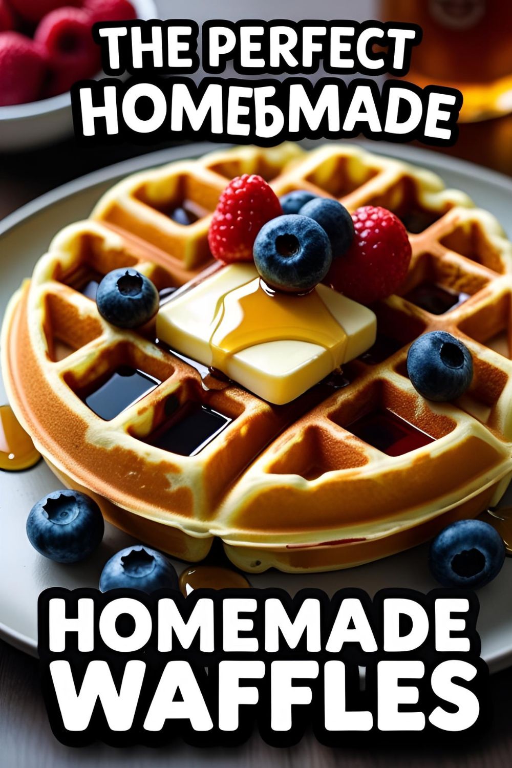 A perfect, golden-brown homemade waffle topped with melting butter, fresh strawberries, and maple syrup on a white plate.