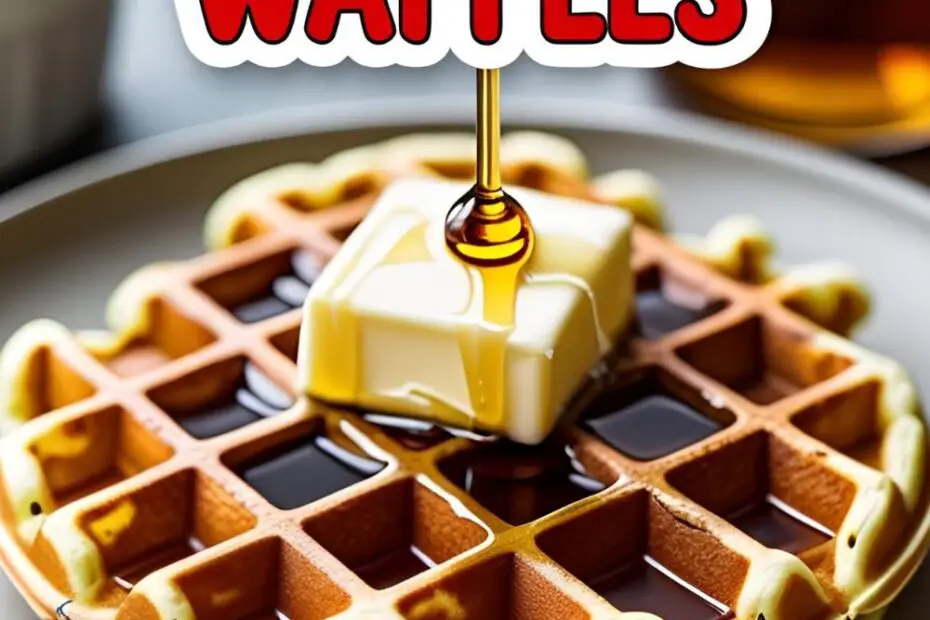 A perfect, golden-brown homemade waffle topped with melting butter and maple syrup on a white plate.