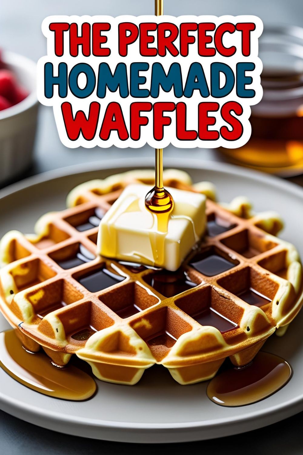 A perfect, golden-brown homemade waffle topped with melting butter and maple syrup on a white plate.
