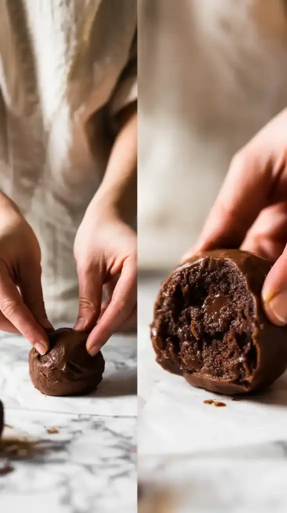 Two images showing how to make cake balls: one of hands rolling the dough, and a close-up of a bitten cake ball showing the fudgy inside.