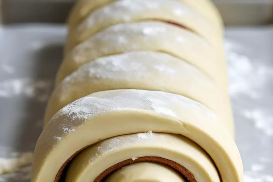 A long, tight log of cinnamon roll dough on a floured surface with the text overlay "How to Roll Perfect Cinnamon Rolls."