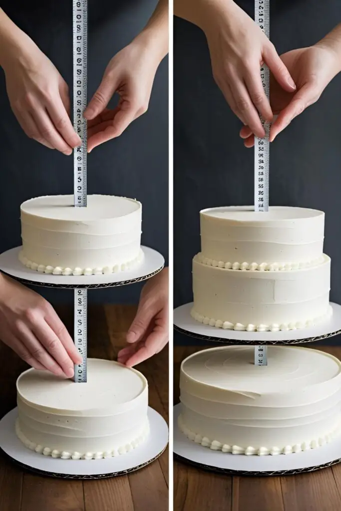  Two images demonstrating how to make a wedding cake: one of inserting support dowels, and one of stacking the tiers.