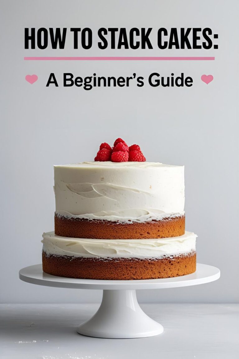 A perfectly stacked two-tier cake on a stand, demonstrating how to stack cakes for beginners.