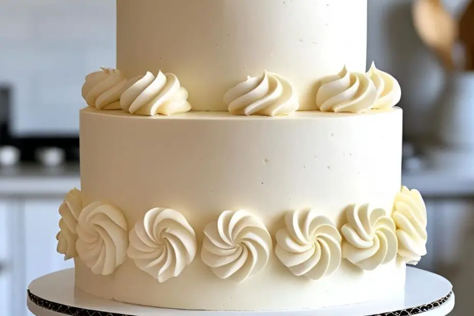 A perfectly stacked two-tier cake on a stand, demonstrating how to stack cakes for beginners.