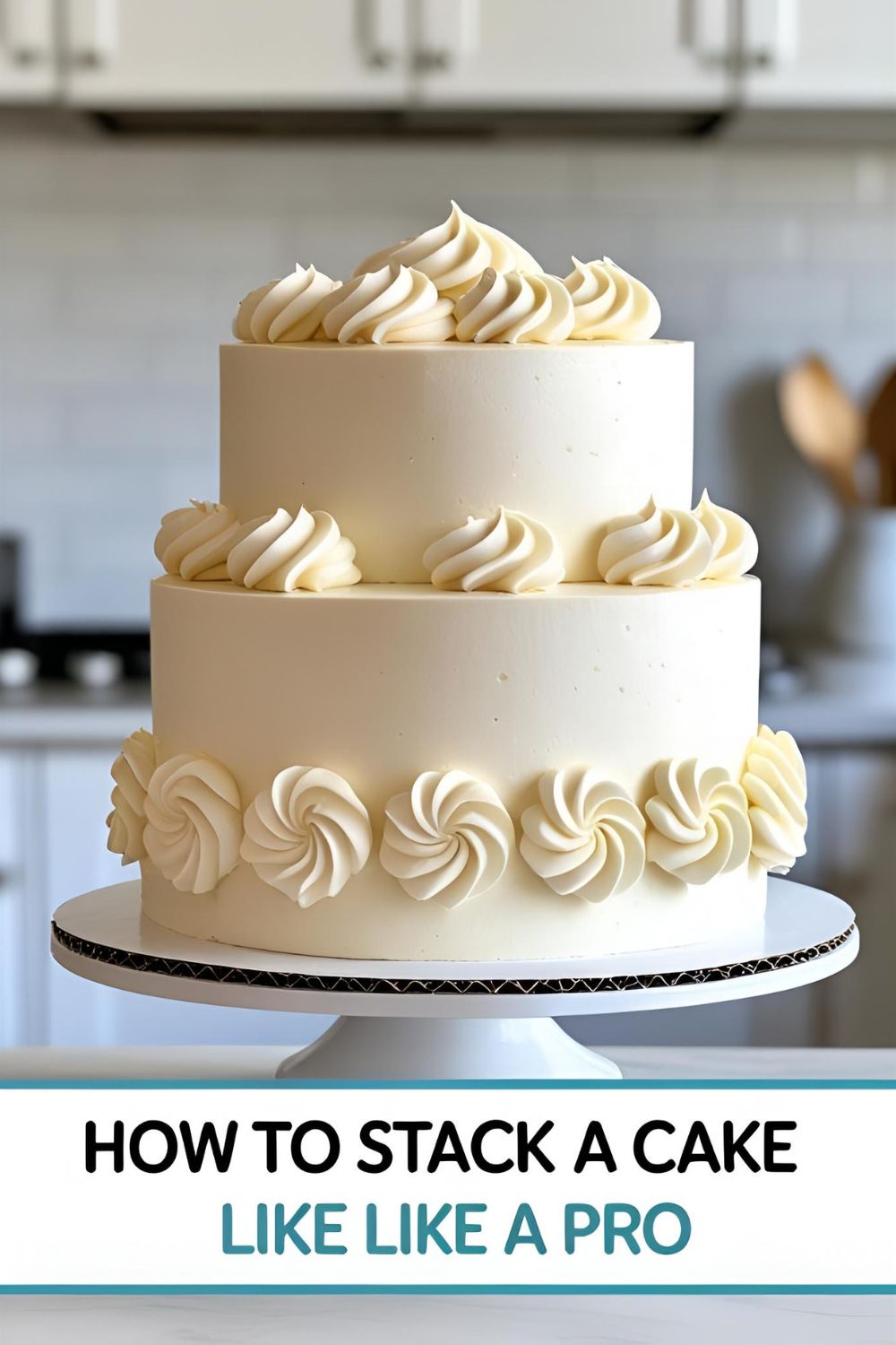 A perfectly stacked two-tier cake on a stand, demonstrating how to stack cakes for beginners.