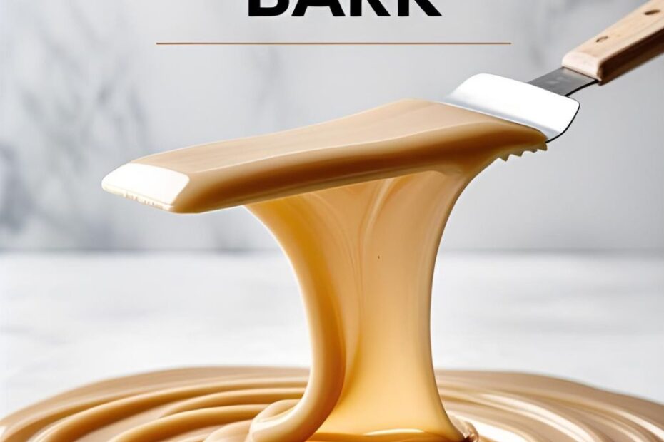 "HOW TO THIN ALMOND BARK" on an image showing a perfectly smooth, thinned bowl of melted white coating.