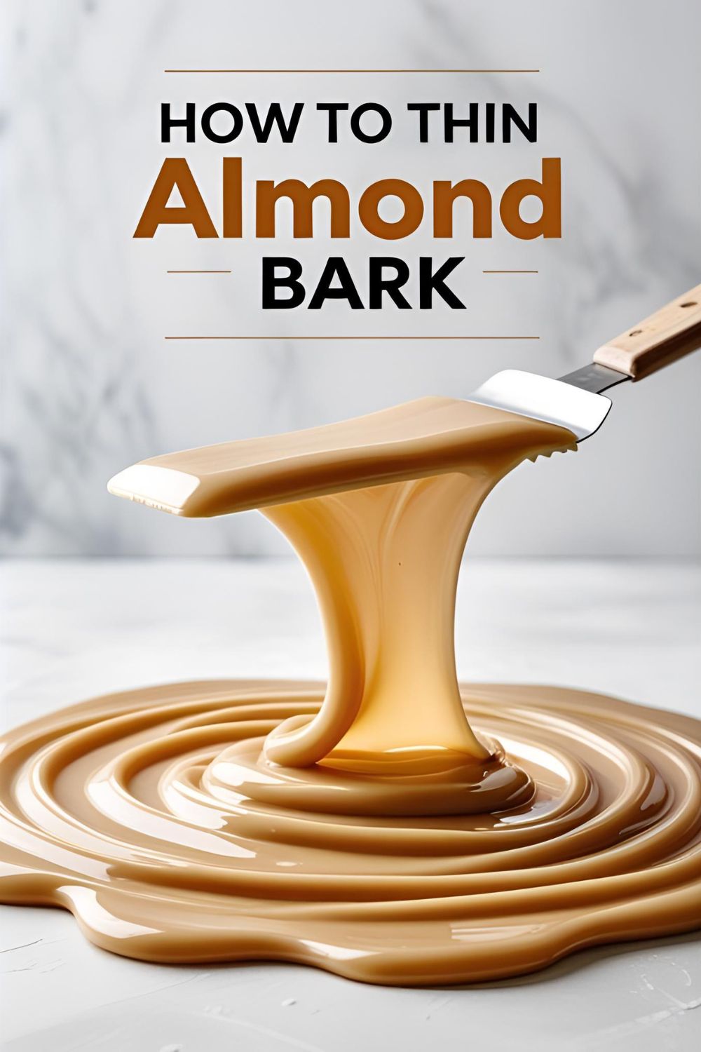 "HOW TO THIN ALMOND BARK" on an image showing a perfectly smooth, thinned bowl of melted white coating.