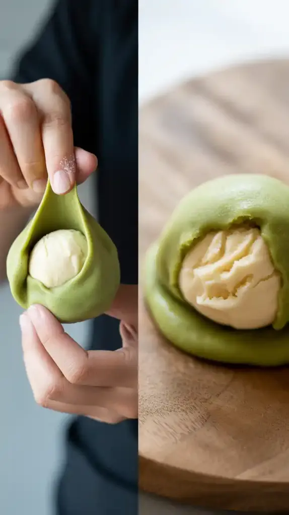 Two images showing how to make mochi ice cream: one of hands wrapping the dough, and a close-up of a finished, bitten mochi ball.