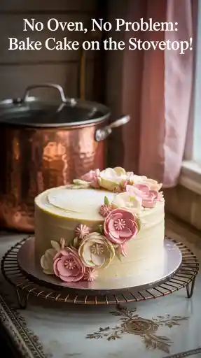 Text overlay "How to Bake Cake Without Oven" on a beautiful, perfectly "baked" vanilla cake, topped with simple frosting and sprinkles, sitting on a cooling rack next to a large pot.