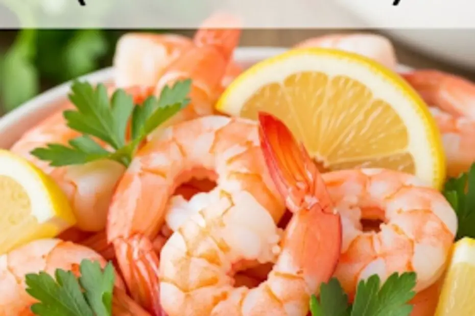 Text overlay "How to Boil Shrimp" over a beautiful, bright image of perfectly cooked, pink and plump shrimp in a bowl, garnished with lemon and parsley