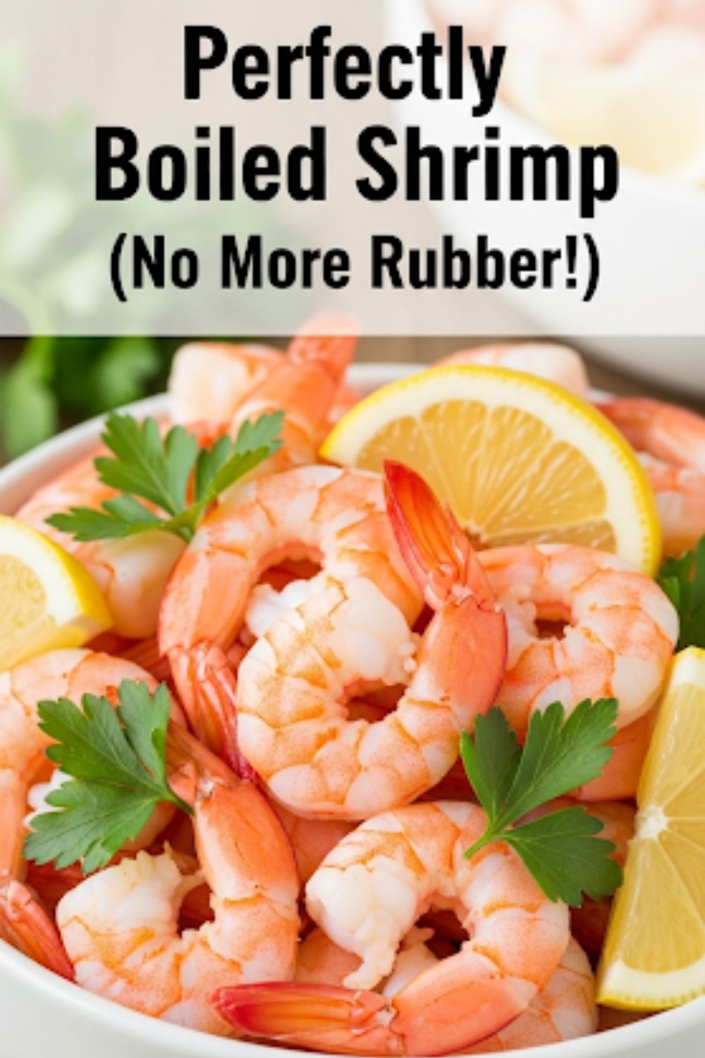 Text overlay "How to Boil Shrimp" over a beautiful, bright image of perfectly cooked, pink and plump shrimp in a bowl, garnished with lemon and parsley