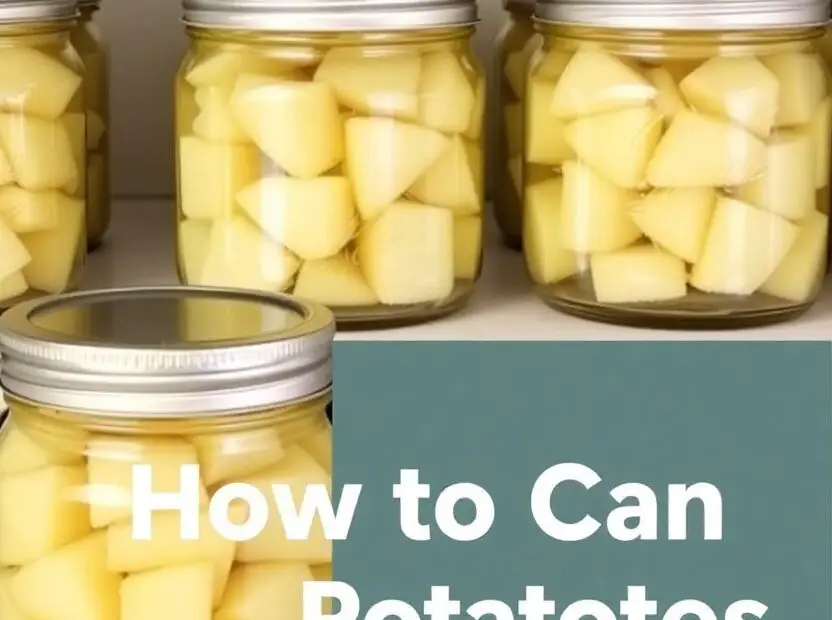 Text overlay "How to Can Potatoes" over an image of neatly arranged, sealed jars of golden canned potato cubes on a rustic wooden shelf.