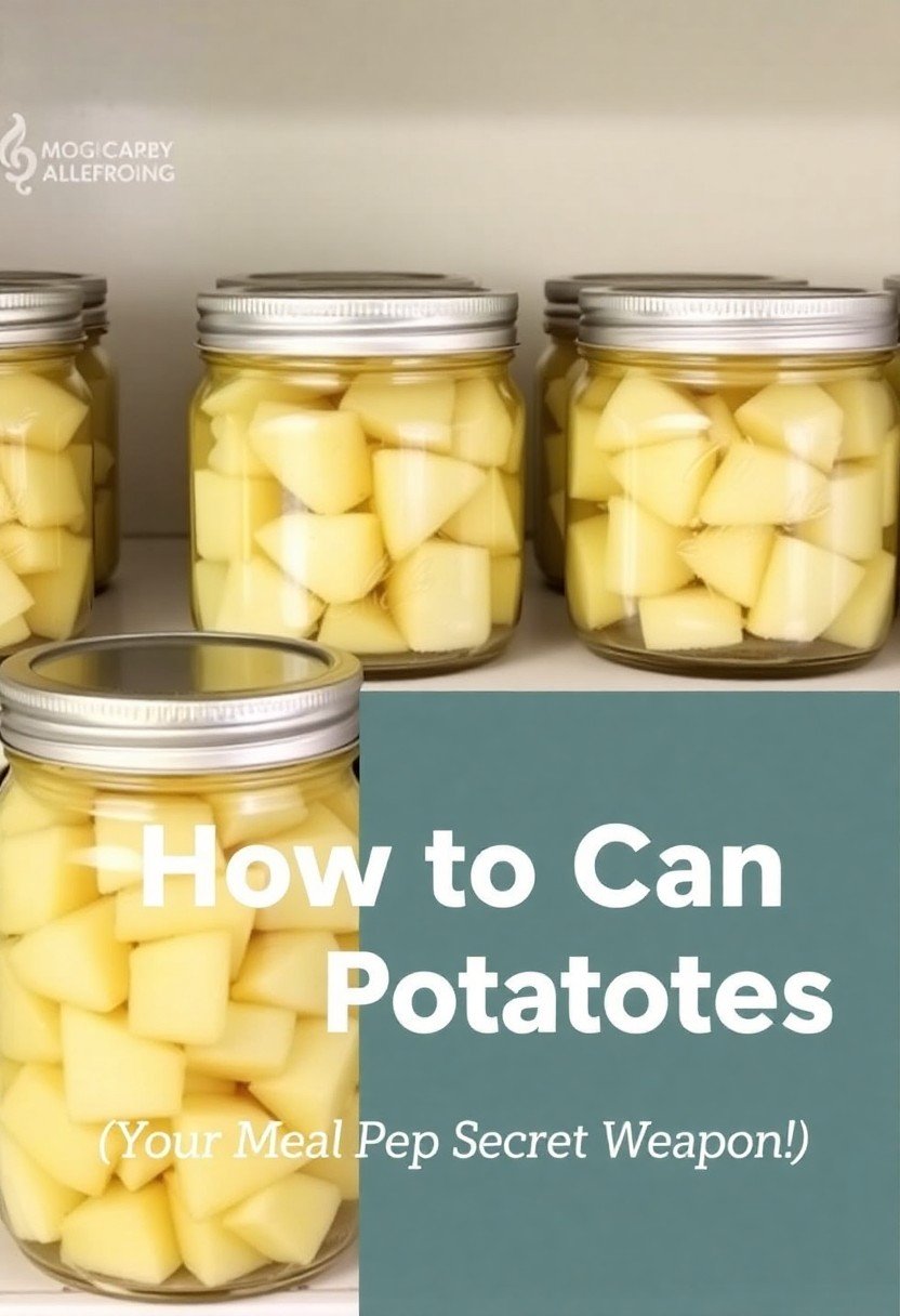 Text overlay "How to Can Potatoes" over an image of neatly arranged, sealed jars of golden canned potato cubes on a rustic wooden shelf.