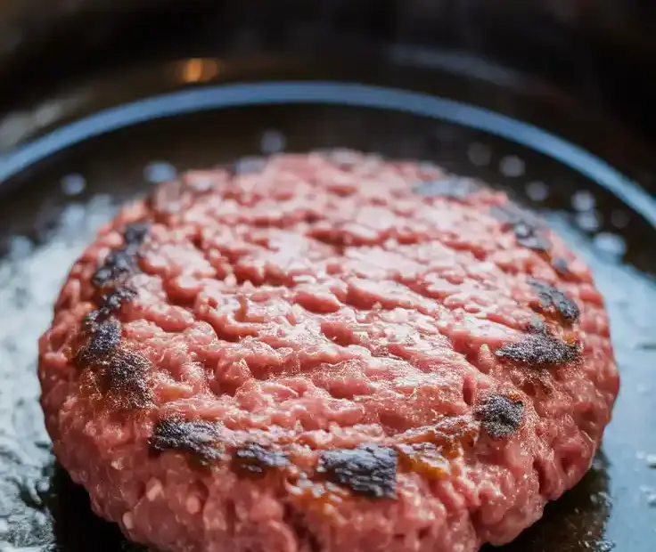 Text overlay "How to Cook the Perfect Stovetop Burger" over a dramatic, sizzling shot of a thick cheeseburger getting a deep brown crust in a black cast-iron skillet.