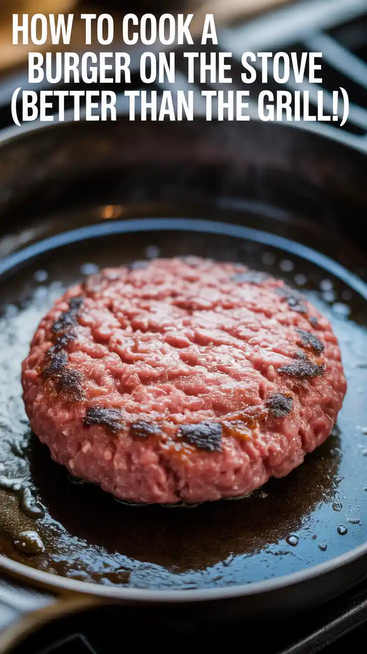 Text overlay "How to Cook the Perfect Stovetop Burger" over a dramatic, sizzling shot of a thick cheeseburger getting a deep brown crust in a black cast-iron skillet.