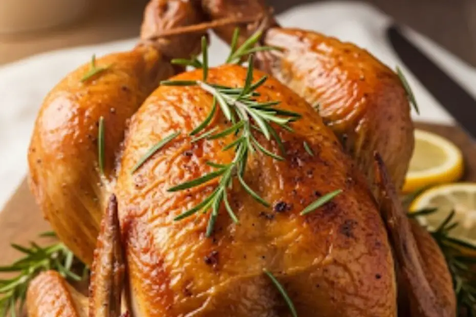 Text overlay "How to Roast a Chicken" over a stunning, golden-brown roasted whole chicken, glistening with juices, garnished with fresh herbs and lemon.