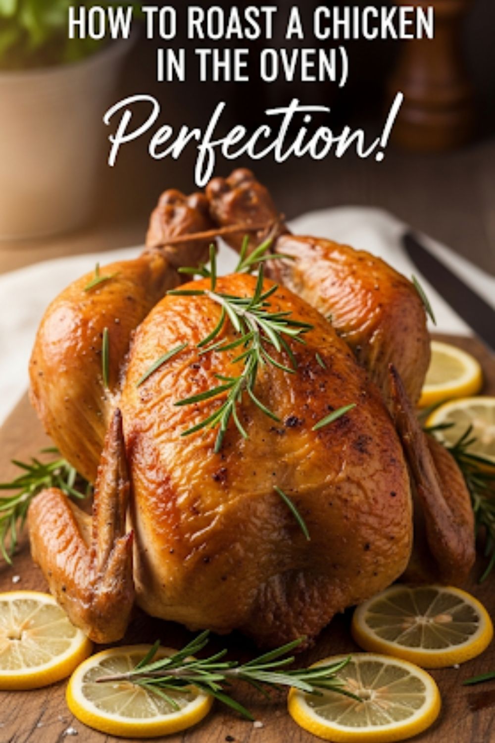 Text overlay "How to Roast a Chicken" over a stunning, golden-brown roasted whole chicken, glistening with juices, garnished with fresh herbs and lemon.