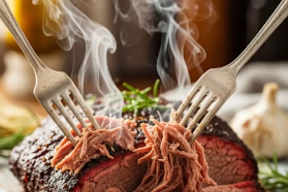 Text overlay "How to Cook Beef Brisket in a Crock-Pot" over a mouth-watering image of a perfectly tender, slow-cooked beef brisket being shredded with two forks.
