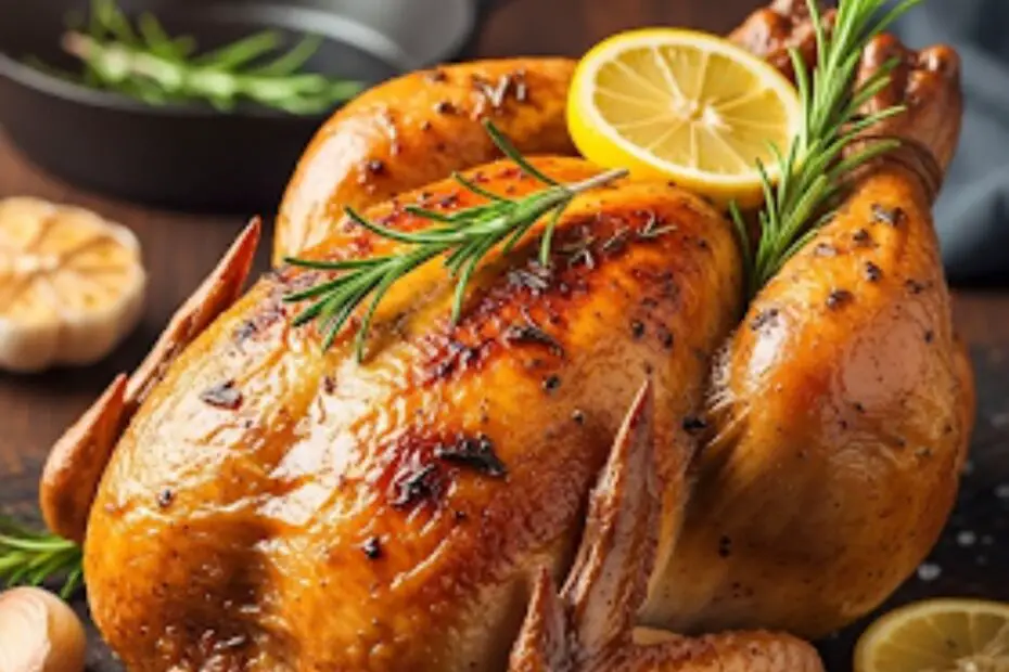 Text overlay "How to Cook a Whole Chicken" over a beautifully golden-brown, perfectly roasted whole chicken on a bed of herbs and lemon, resting on a cutting board.
