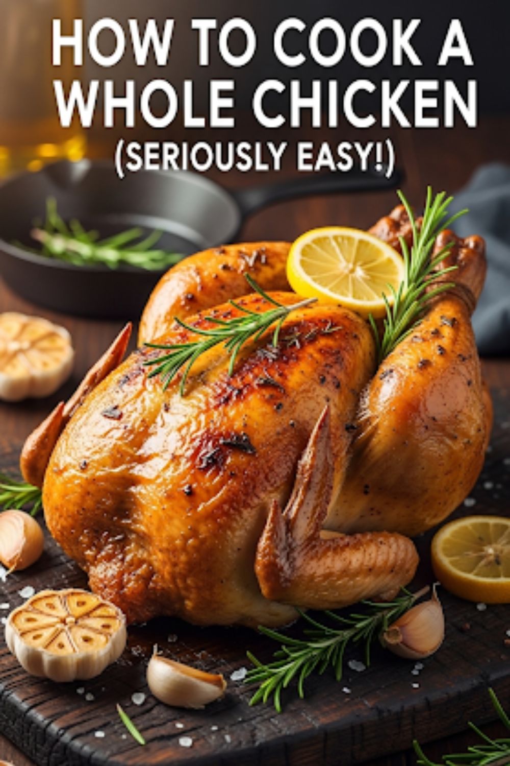 Text overlay "How to Cook a Whole Chicken" over a beautifully golden-brown, perfectly roasted whole chicken on a bed of herbs and lemon, resting on a cutting board.