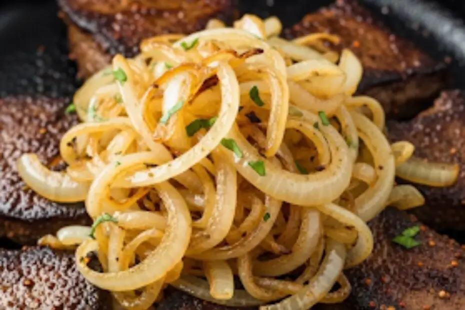 Text overlay "How to Cook Tender Beef Liver" over a rustic, appetizing image of perfectly pan-fried beef liver smothered in golden caramelized onions, garnished with fresh parsley.