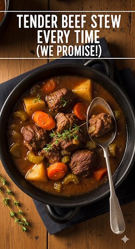 Text overlay "How to Cook Tender Beef Stew Meat" over a rich, hearty bowl of beef stew with tender chunks of beef, carrots, and potatoes in a thick, brown gravy.