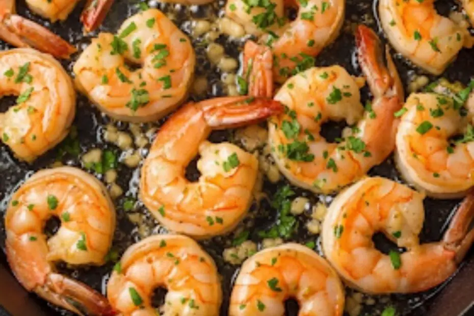 Text overlay "How to Cook Frozen Shrimp" over a vibrant, sizzling skillet of garlic butter shrimp garnished with fresh parsley.