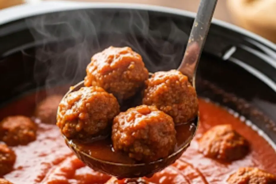 Text overlay "How to Cook Meatballs in a Crockpot" over a mouth-watering image of tender, saucy meatballs being served from a slow cooker