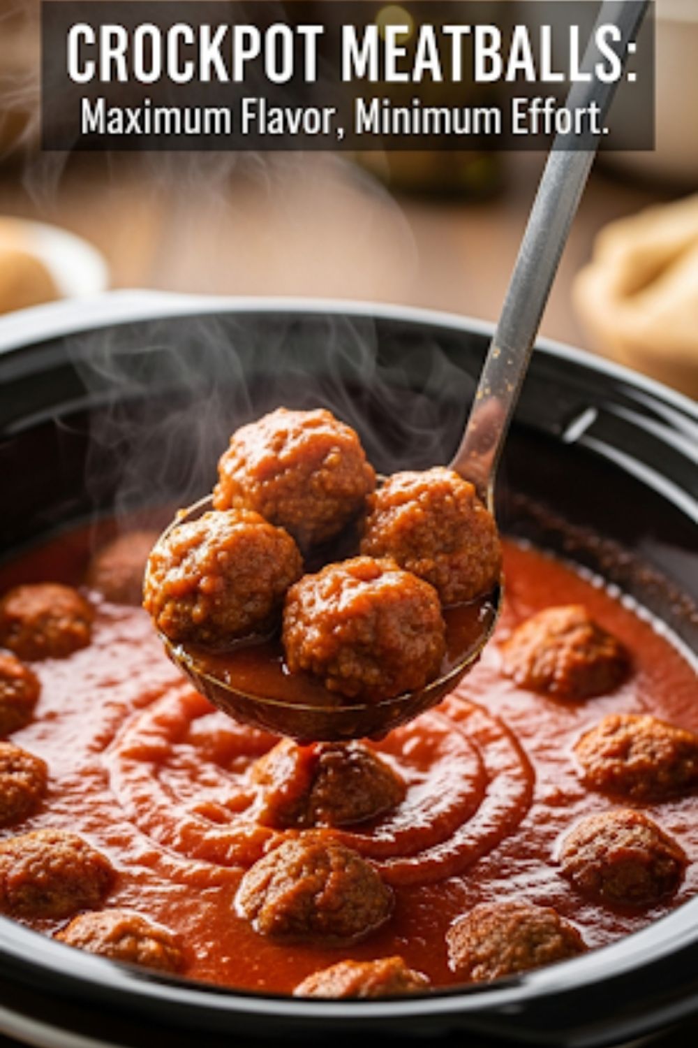 Text overlay "How to Cook Meatballs in a Crockpot" over a mouth-watering image of tender, saucy meatballs being served from a slow cooker