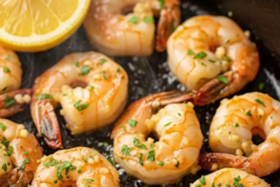 Text overlay "How to Cook Raw Shrimp" over a vibrant, sizzling skillet of garlic butter shrimp garnished with fresh parsley.