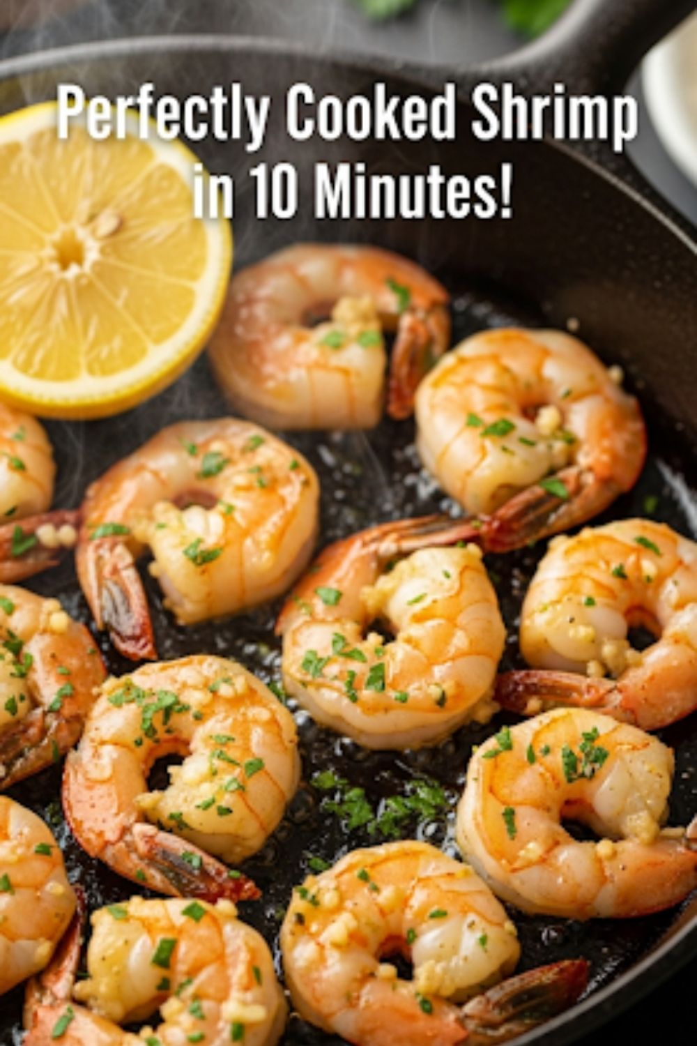 Text overlay "How to Cook Raw Shrimp" over a vibrant, sizzling skillet of garlic butter shrimp garnished with fresh parsley.